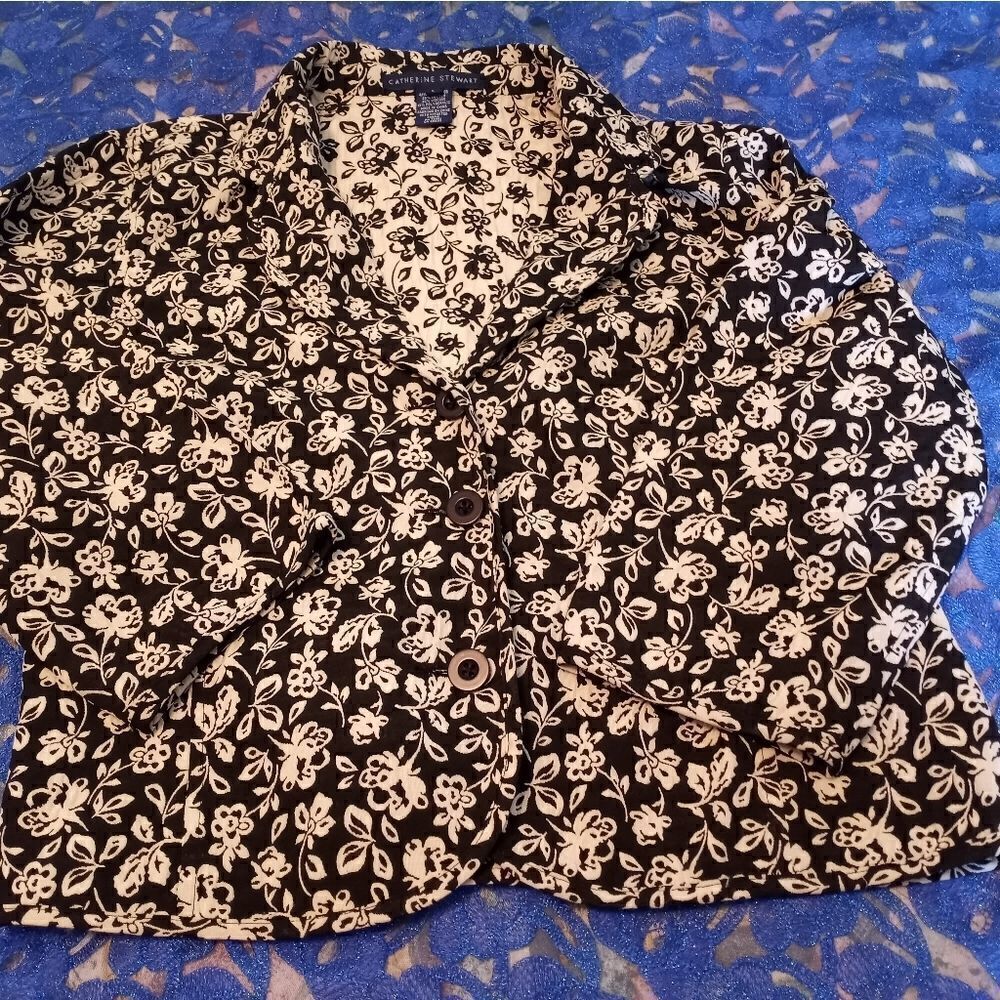 Catherine Stewart L Black White Floral Print Button Up Collared 3/4 Sleeves
